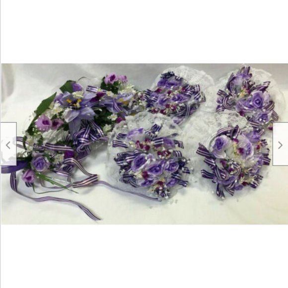 Purple Floral Bouquet Bridal Wedding Bridesmaid Set of 5 Artificial Flowers - Picture 1 of 11